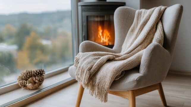 A chair with a blanket draped over it sits in front of a fireplace