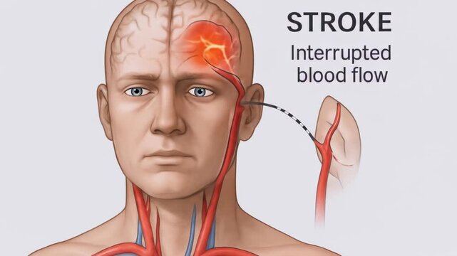 Detailed 3D medical animation illustrating an ischemic stroke caused by interrupted blood flow in the brain and the process of endovascular thrombectomy using a catheter