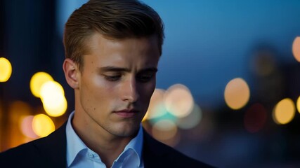 Young businessman against blurred city lights at night. Ideal for ambitious professional marketing and urban success stories.