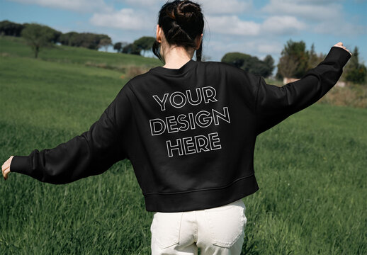 Mockup Of Woman Wearing Customized Sweatshirt, Rear View