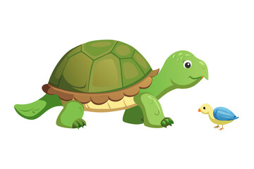 Cartoon tortoise and bird vector illustration, cute animal characters design art