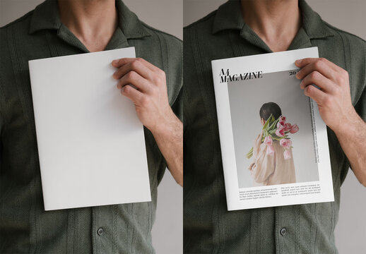 Mockup Of Man Holding Customizable A4 Magazine Close Up