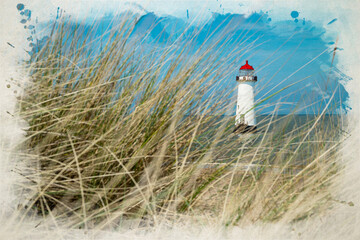 Digital watercolour painting of Point of Ayr Lighthouse, Talacre beach, Wales.