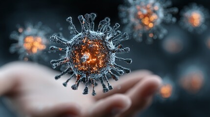 conceptual art depicting a virus model in motion above palm