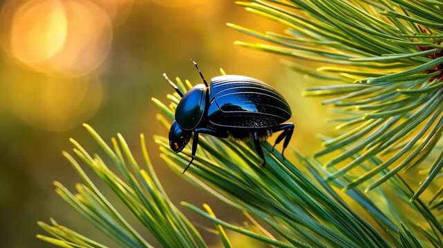 Black beetle on pine needles