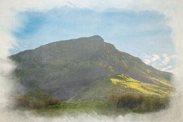 Digital watercolour painting of Y Garn from the fishing lake of Llyn Dywarchen in the Eryri National Park, Wales.