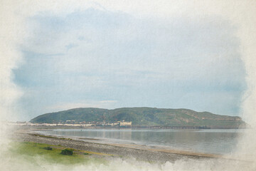 A digital watercolour illustration of the Great Orme and Llandudno seafront and beach, Wales.