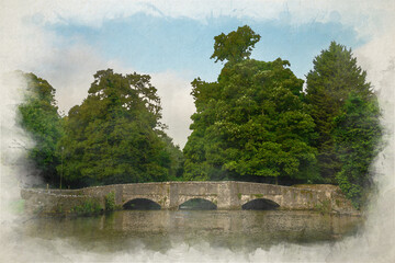 Digital watercolour painting of the medieval three arch sheep wash bridge at Ashford in the Water in the Peak District National Park.