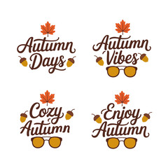 Flat icon collection of cozy autumn essentials like jackets, tea and campfire, suited for tshirt design or app UI icon pack  