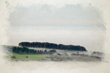 Digital watercolour illustration of a Peak District landscape vignette during a winter sunrise cloud inversion.