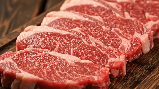 Raw steaks arranged on a wood surface featuring red meat with white fat marbling