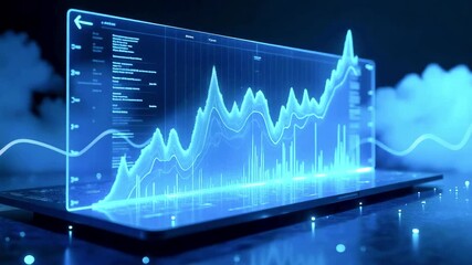 Futuristic digital stock market analysis displayed on a transparent screen with glowing graphs and data - Powered by Adobe