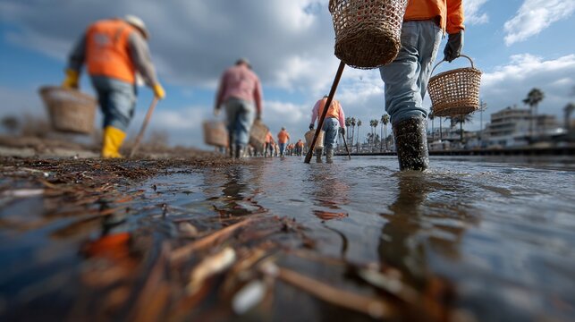 Dedicated Environmentalists Picking Up Litter Along a Blurred Shoreline - Powered by Adobe