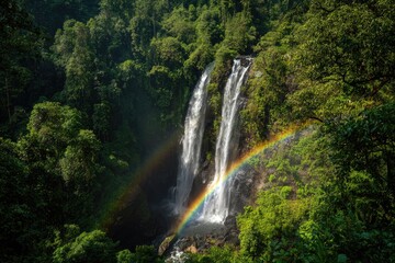 Lush rainforest surrounds twin waterfalls with vibrant rainbow