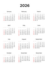 Vertical annual calendar template for 2026 year isolated on a transparent background. Week Starts on SUNDAY. Business calendar in a minimalist style for 2026 year. Vector