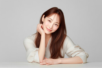 Elegant woman with healthy skin and long brown hair. Natural beauty portrait of smiling young woman in studio