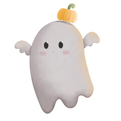 Obraz premium Cute Halloween ghost with pumpkin hat