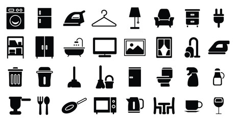 Collection of Black and White Household Icons for Home and Cleaning Concepts
