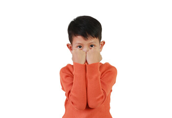 Asian little boy age 7 years old clenching fists, Ready to fight. Kid in boxing stance looking...