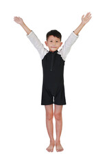 Asian boy kid age 7 years old in swimsuit with raised arms posture isolated on white background.