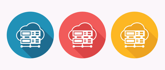 Cloud computing servers in blue red and yellow ovals with shadows