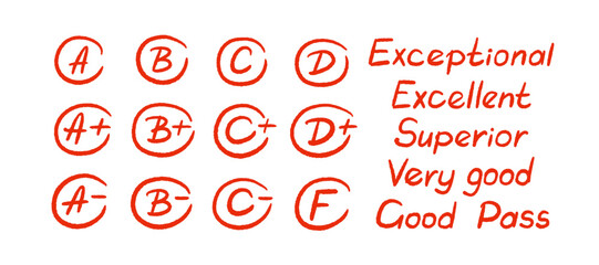 Exam grade, school level. Mark for test. Red sign.