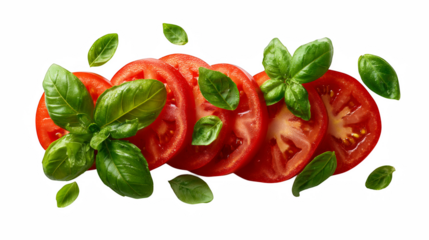 Fresh tomato slices are paired with vibrant green basil leaves against a sleek dark background, creating a culinary delight.