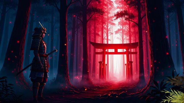 Samurai in Red Lit Forest Before Torii Gate