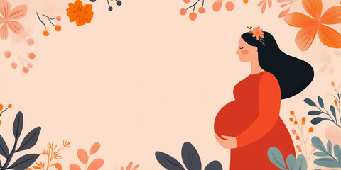 Illustration of a Pregnant Woman Surrounded by Flowers with Copy Space