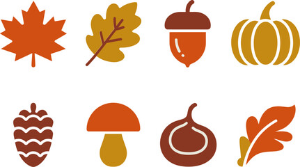 Fall icons border with maple leaves, mushrooms, acorns, pumpkin, decorative frame, printable card, sticker set