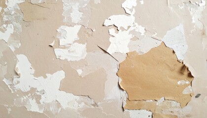 Close Up of Beige Wall with Damaged Plaster and Peeling Paint Background