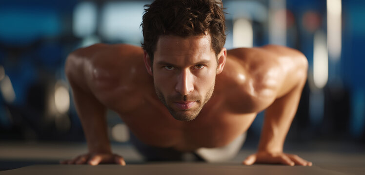 A man performs push-ups in a well-equipped fitness center. A woman stands nearby, offering motivation during his workout. The atmosphere is focused and energetic, showcasing a dedication to fitness. - Powered by Adobe
