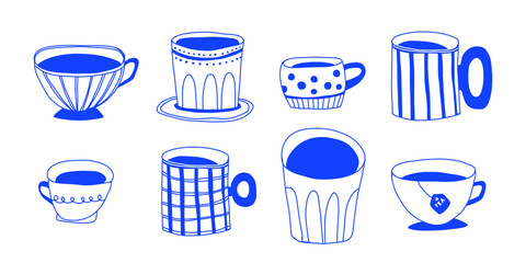 Vector Set of Cup Doodle, Trendy Quick sketch doodle coffee stickers. Retro Playful isolated elements. Vector background with mug illustrations. Cute lifestyle.Hand drawn cup of tea print.