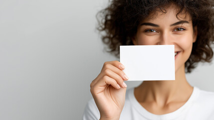 Cheerful woman with curly hair holds blank business card mockup in front of her face, smiling against a light gray background