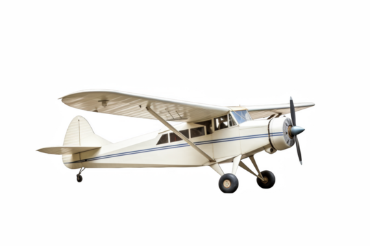 A vintage white airplane is elegantly posed against a transparent backdrop, ready for aviation designs and transportation themes.