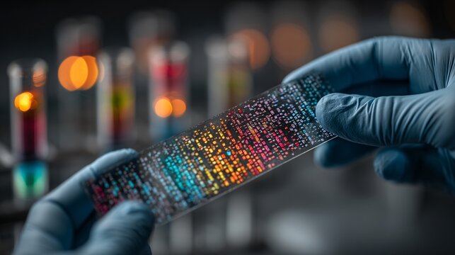 Close-Up of Hands Grasping a DNA Microarray Slide in a Lab Setting