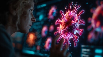 Immunology Researcher Analyzing Virus Model on Screen with Shallow Blur