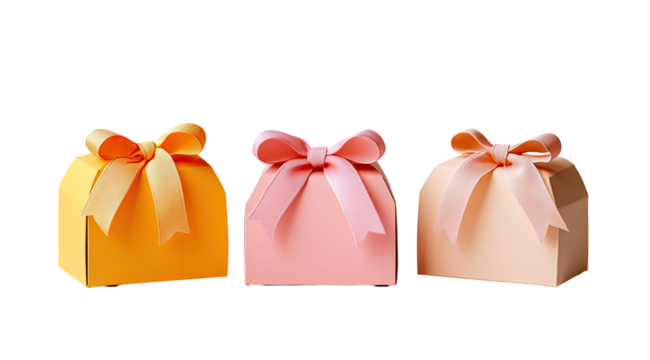 Three pastel-colored gift boxes, each with a matching ribbon bow