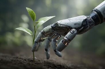 Naklejka premium A robotic hand gently touches a young plant
