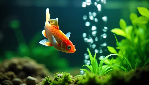 Molly fish jumping toward a bubble stream