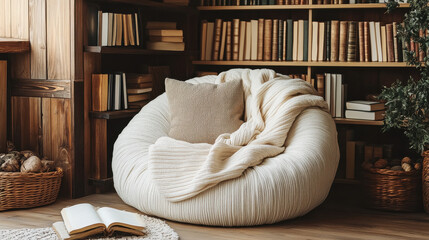 Cozy Reading Nook with Cream Armchair and Wooden Bookshelves
