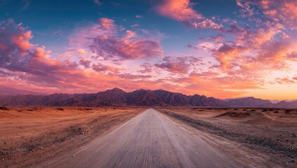 Fototapeta premium Dusty road stretches into a vibrant sunset over desert mountains