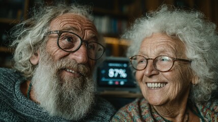 Senior couple monitoring air quality on sleek indoor smart device