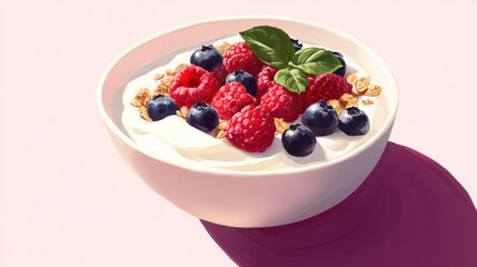 Creamy Yogurt with Raspberries Blueberries and Granola in White Bowl