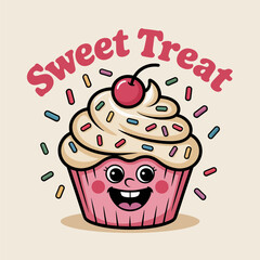 Happy cupcake with sweet treat message, smiling expression with cherry top, ideal for food stickers or bakery tshirt artwork  