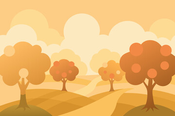 Naklejka premium Stylized autumn landscape with orange trees and rolling hills
