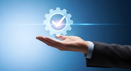 Hand Holding Gear Icon with Checkmark, Business Concept, Success, Quality Assurance, Blue Background
