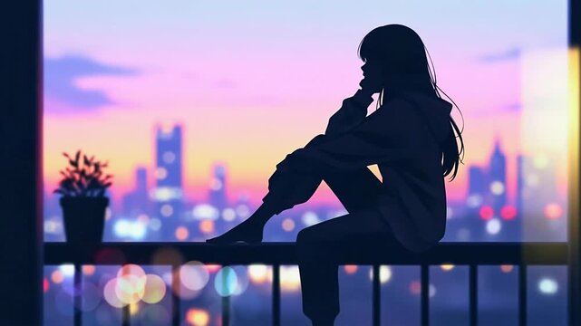 Silhouette of a Girl Contemplating at Sunset Cityscape