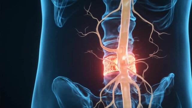 Detailed 3D medical animation showcasing the human lumbar spine with a highlighted area symbolizing pain or a medical condition, revealing intricate blood vessels and nerves.
