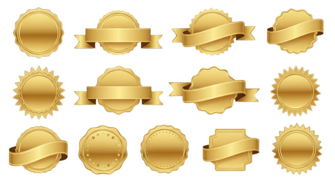 Collection of twelve golden seals and banners for awards and recognition and achievement purposes